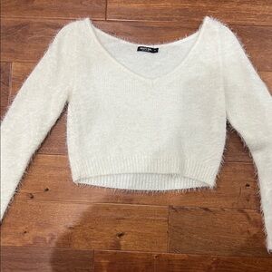 White Fuzzy V-Neck Sweater